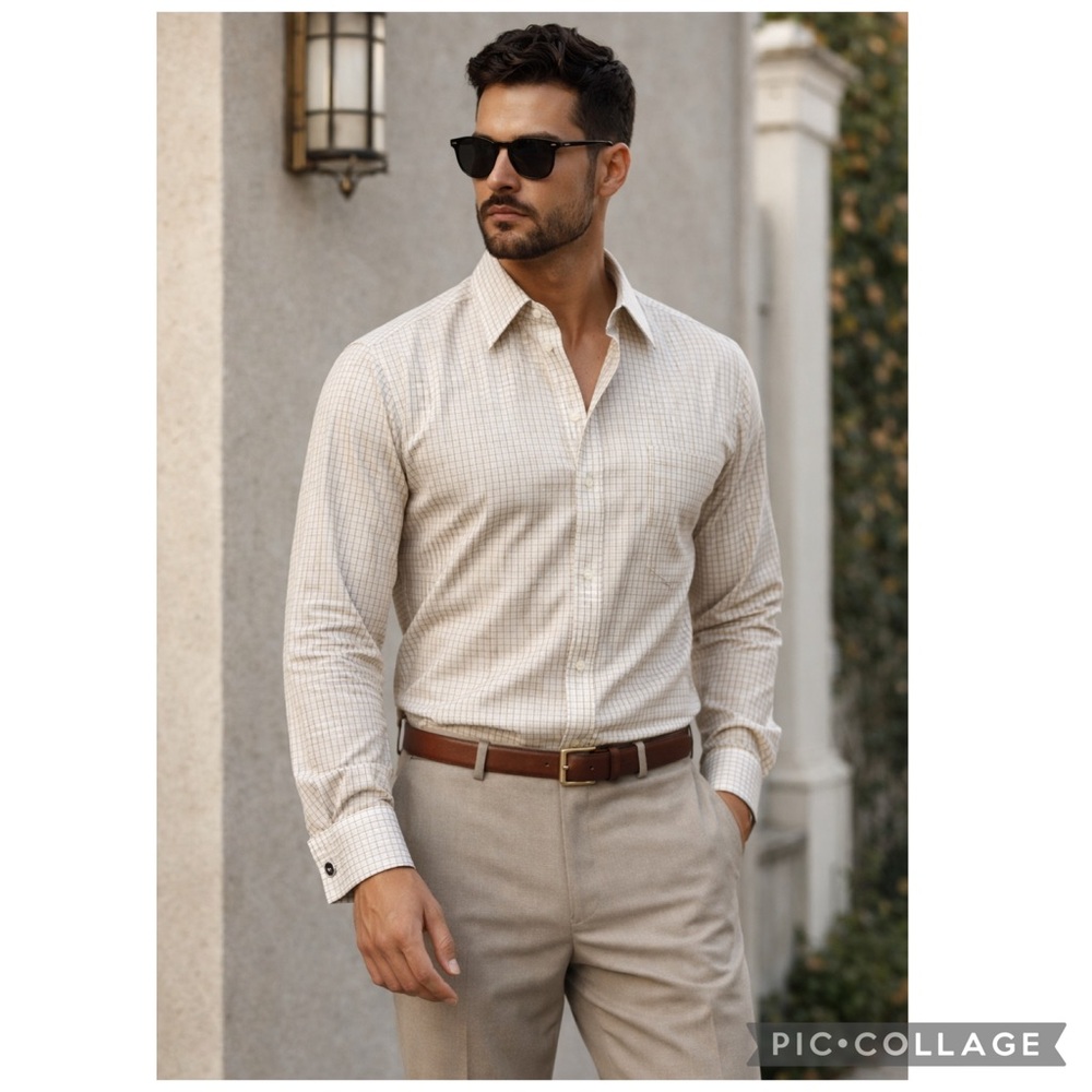 TROY MCSWAIN II BEVERLY HILLS TAILOR CHECKERED DRESS SHIRT CUFF LINK SLEEVE